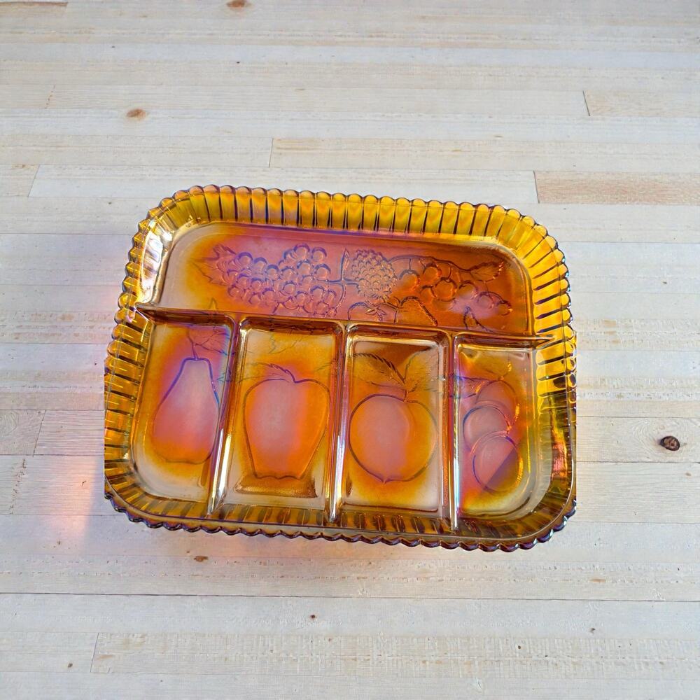 Vintage Indiana Glass Marigold Carnival Glass Divided Relish Tray | Iridescent